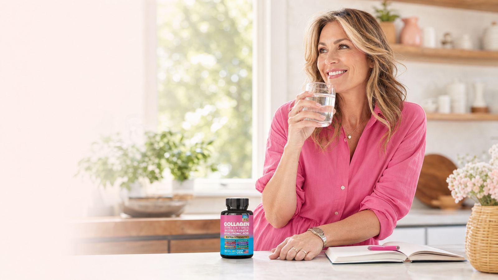 Woman drinking water in a bright morning kitchen, collagen bottle on the counter