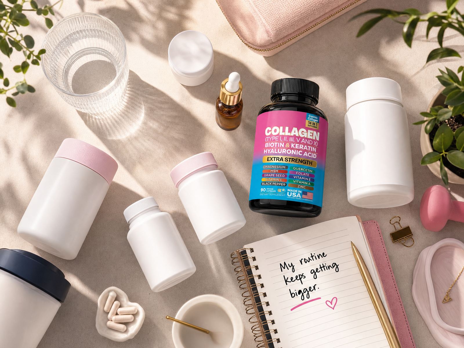 Overhead flatlay of several wellness supplement bottles alongside the collagen product and a notebook