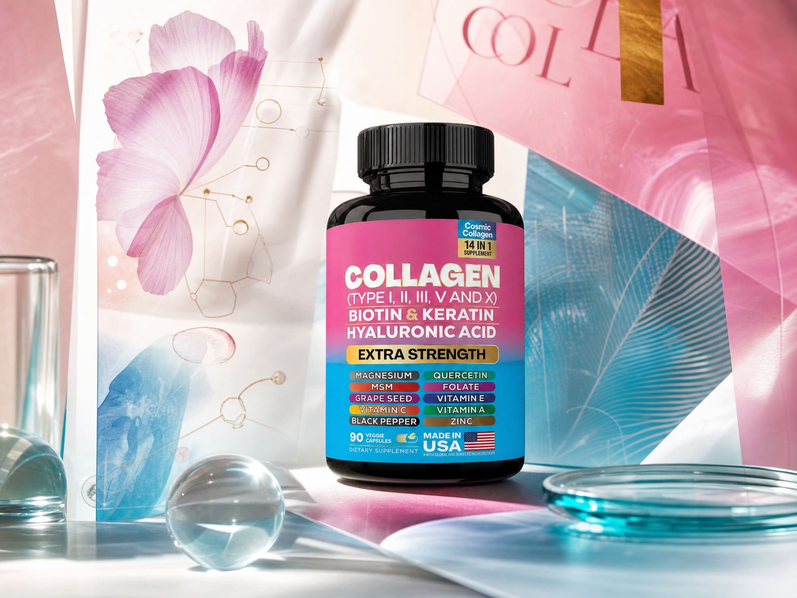 Editorial composition of the collagen bottle with soft botanical and molecular design elements