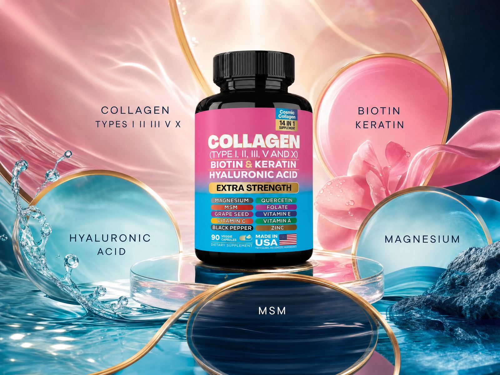 Collagen bottle surrounded by labeled elements: collagen types, biotin and keratin, hyaluronic acid, magnesium, MSM