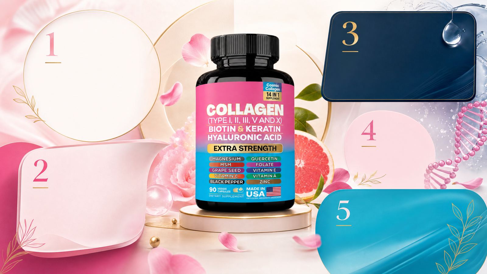 Collagen bottle with five numbered panels representing a five-point checklist, each labeled with a question women should ask before choosing a collagen product