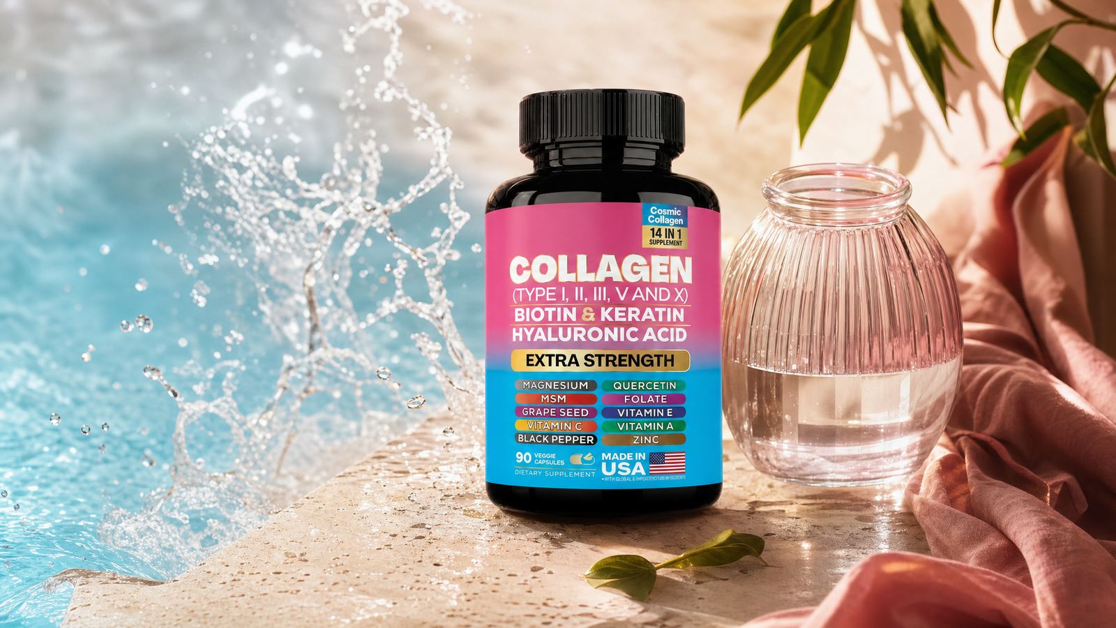 Collagen bottle beside a splash of water and warm sunlight, poolside setting