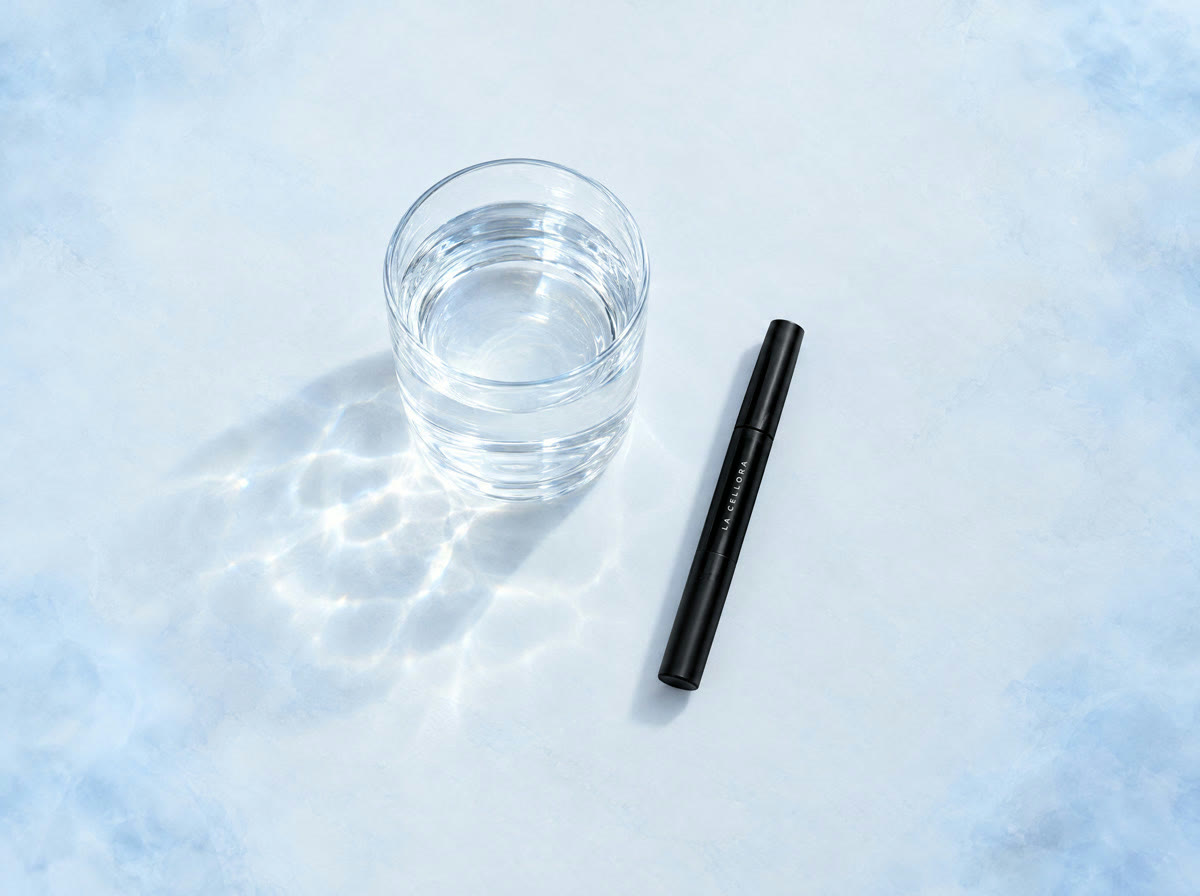 A glass of water beside a black La Cellora whitening pen