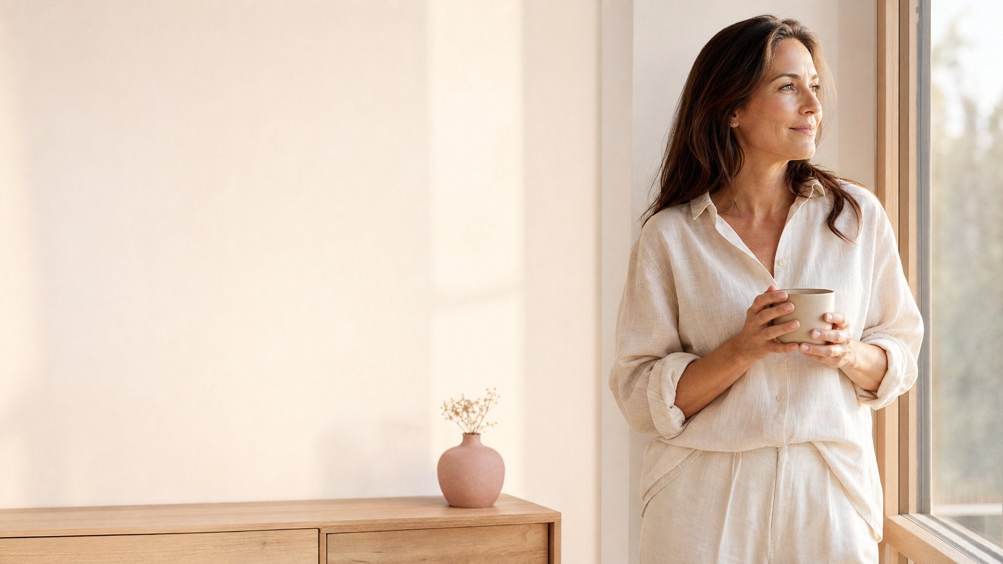 Woman looking out a window in soft morning light, holding a mug
