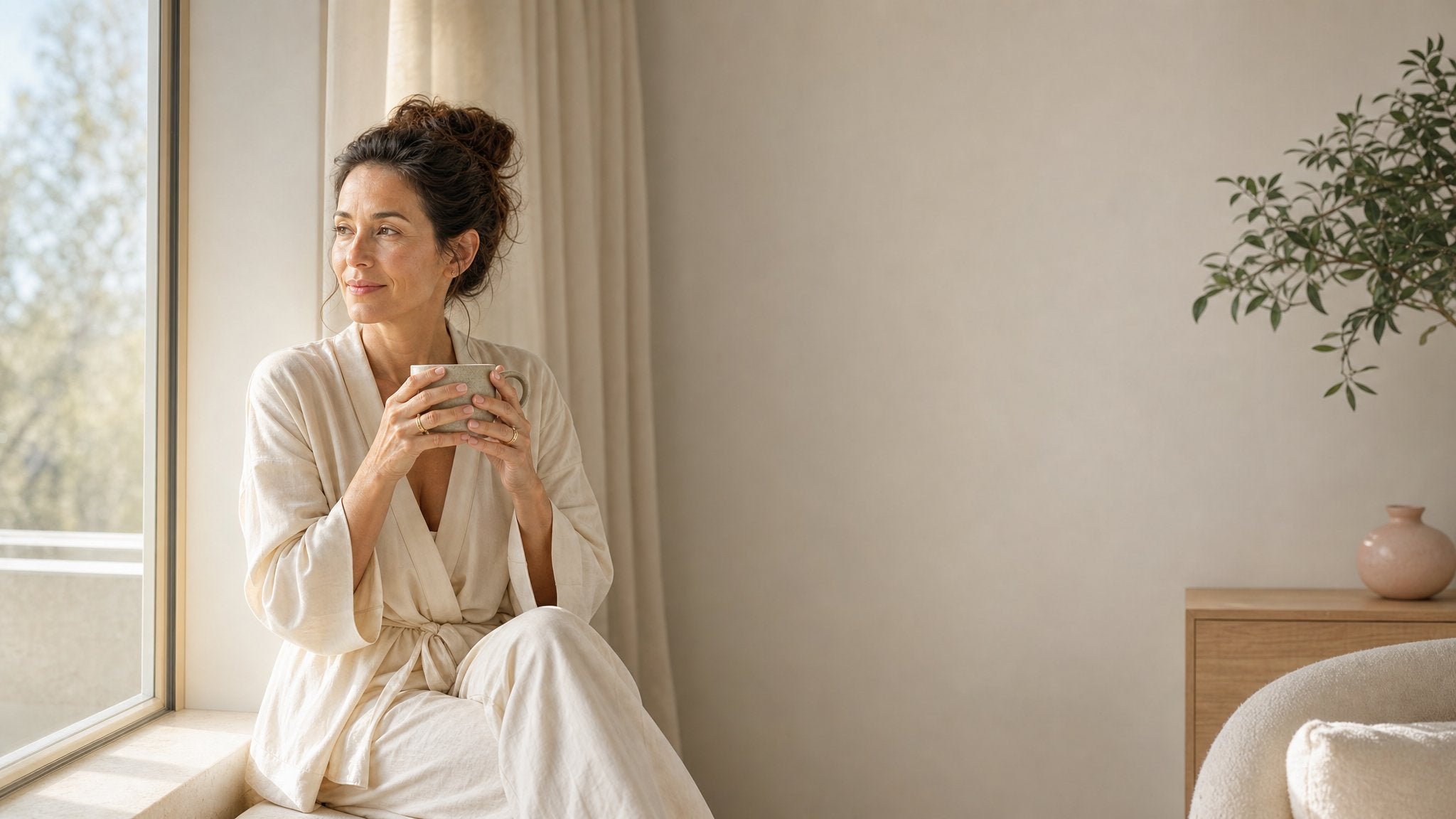 Woman sitting near a window in soft morning light, looking thoughtful and calm