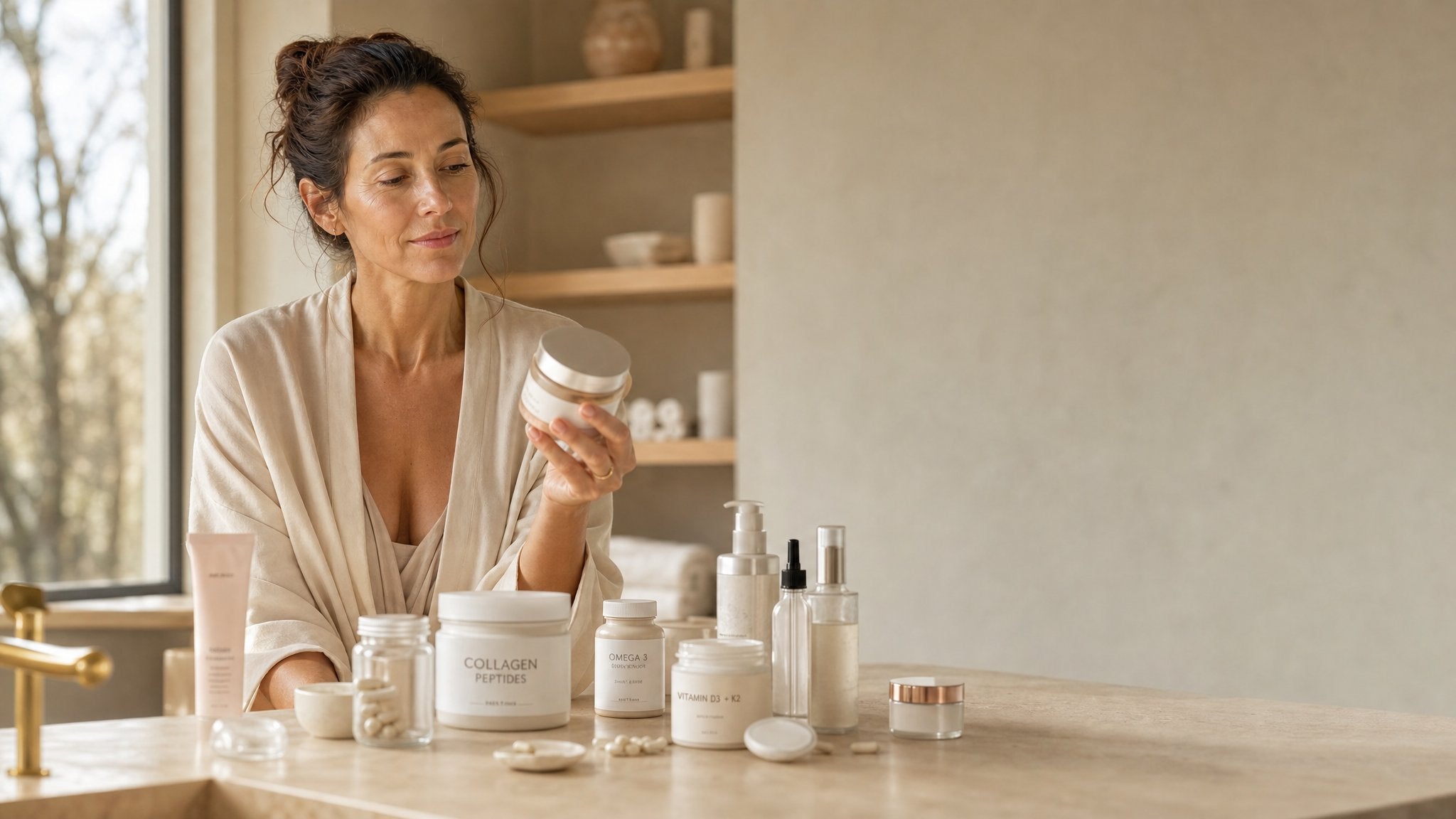 Beauty products arranged on a bathroom counter