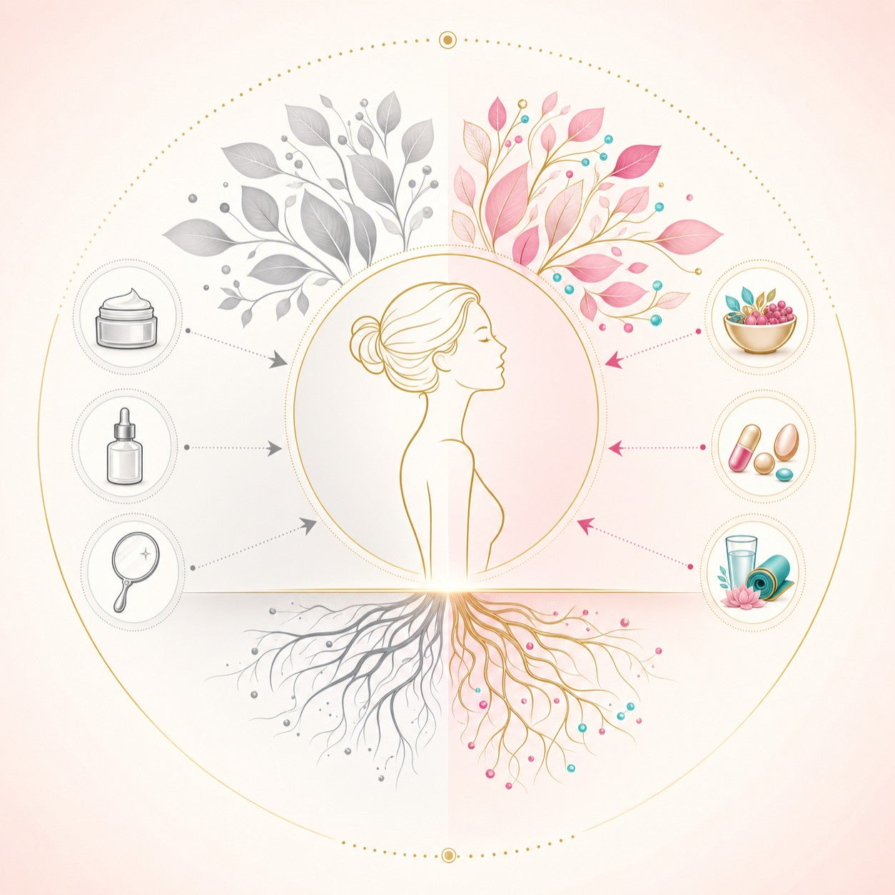 Educational illustration comparing external beauty care with internal nutritional support