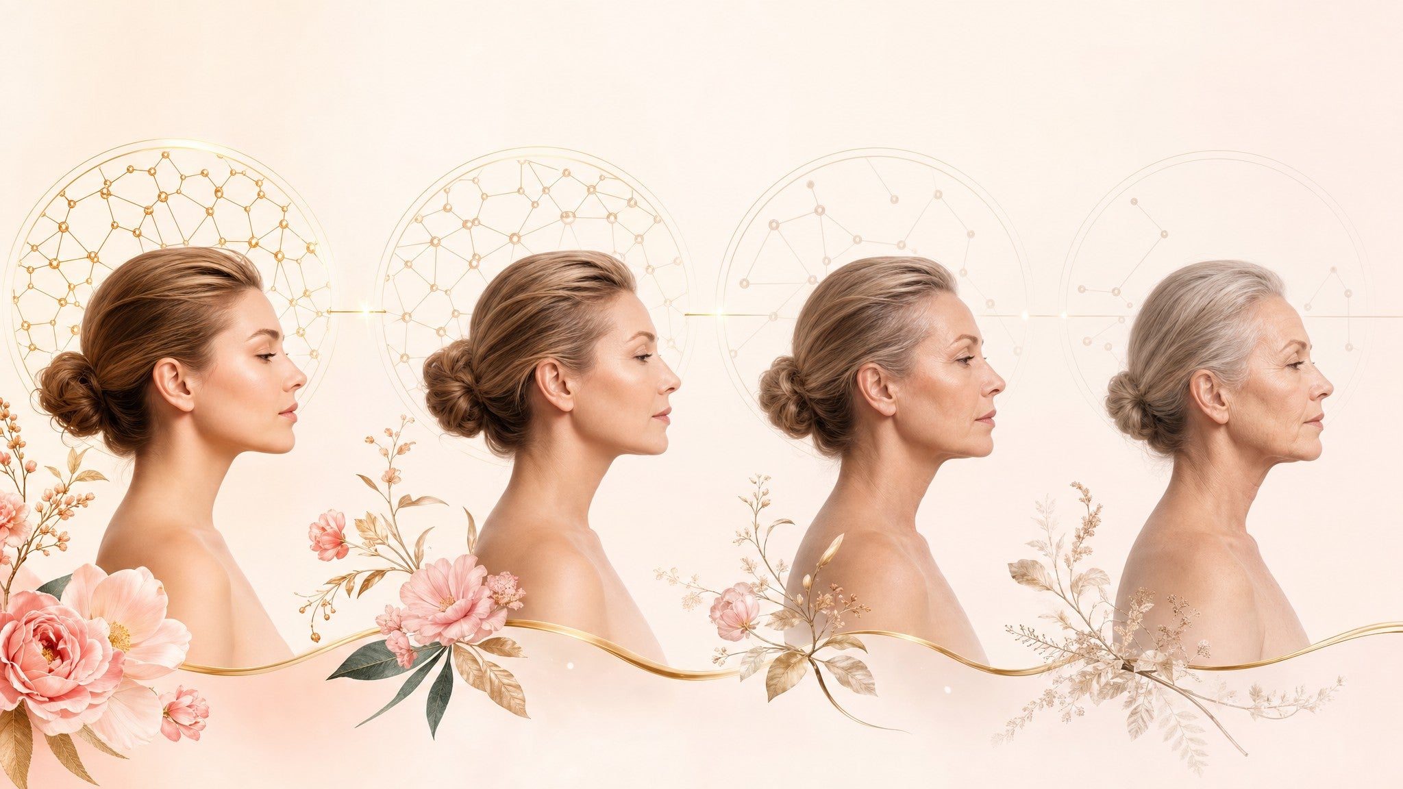 Visual timeline showing natural collagen decline with age