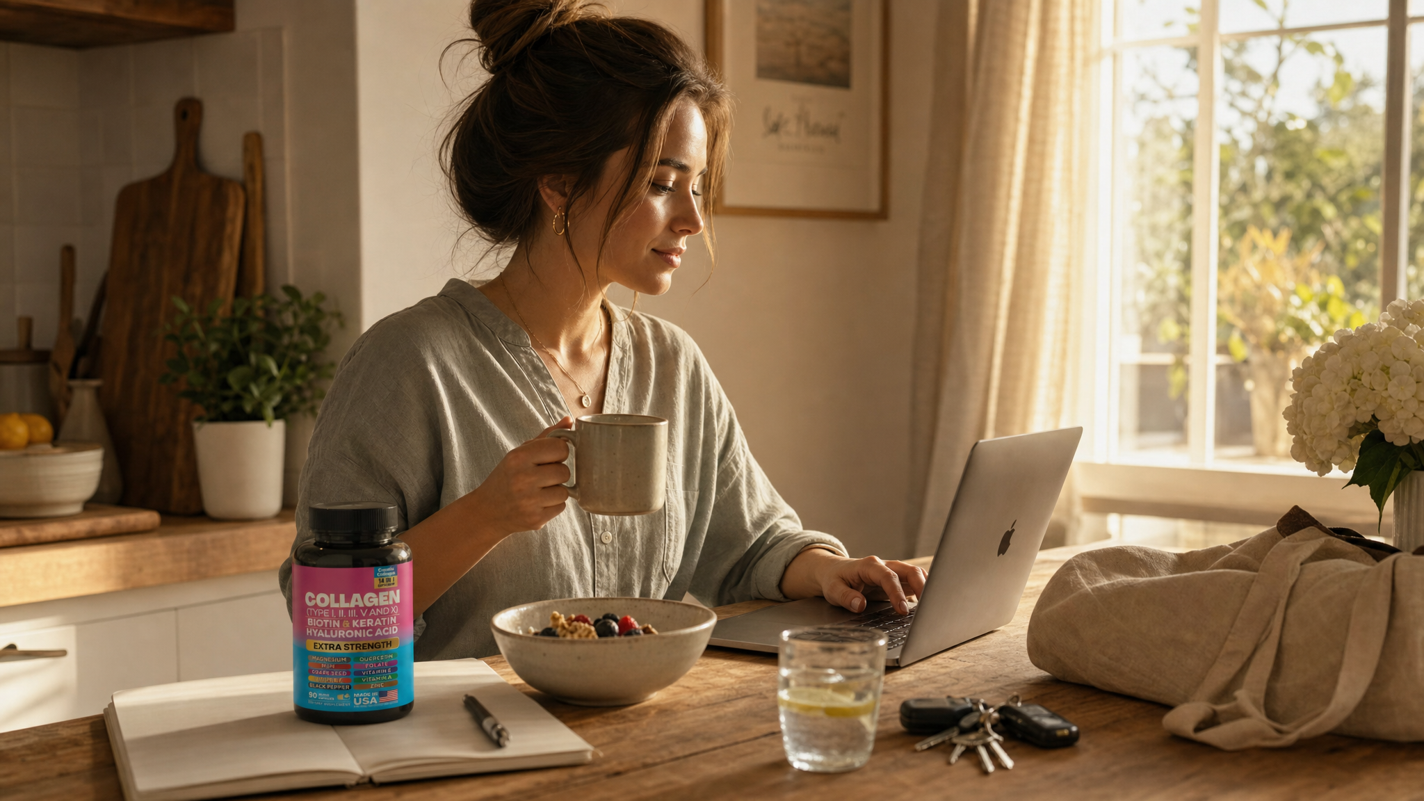 Morning routine with Cosmic Collagen on the kitchen counter