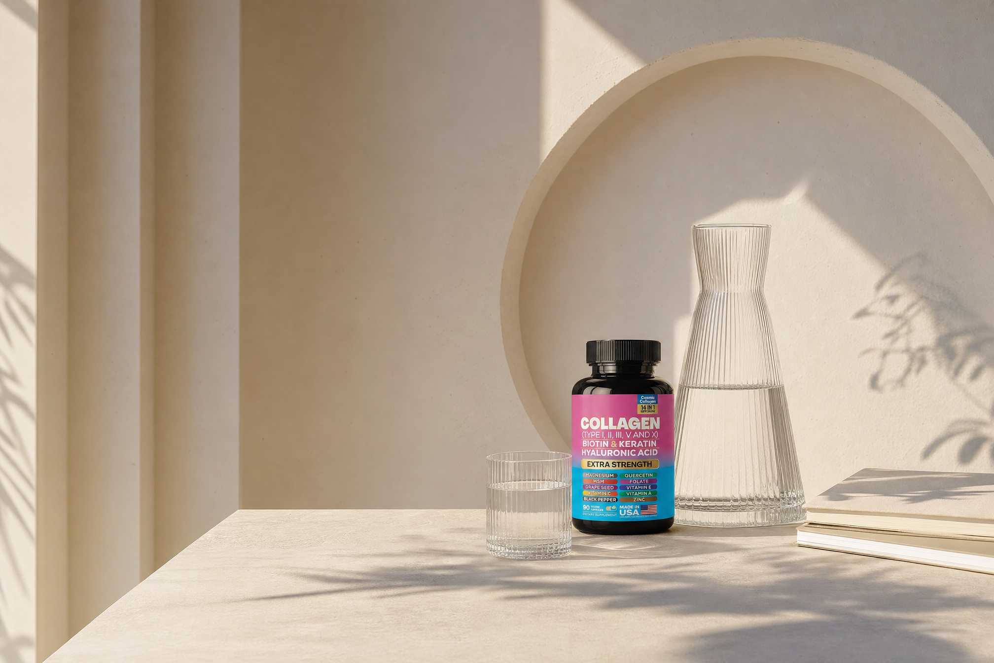 A calm, minimal wellness setting with Cosmic Collagen