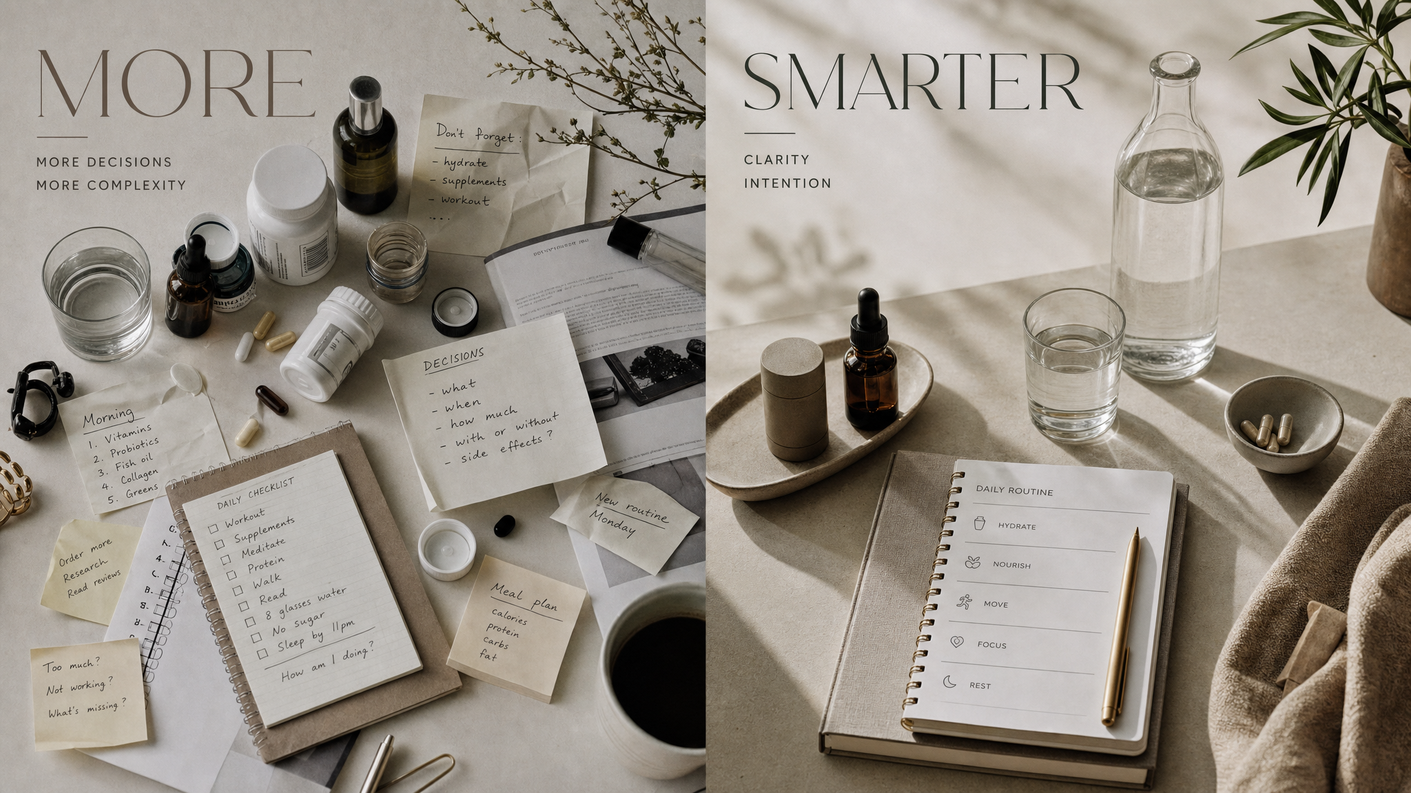 More versus Smarter routine comparison flat lay