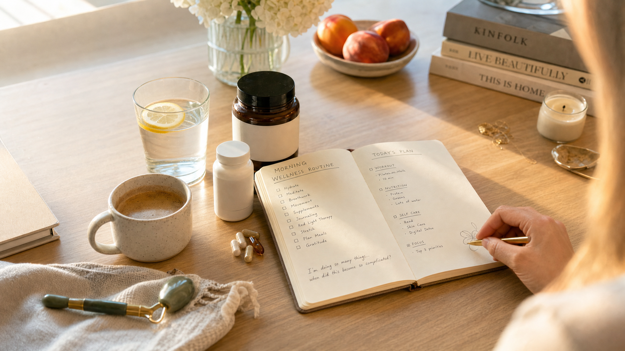 Morning wellness routine checklist next to supplements and journal